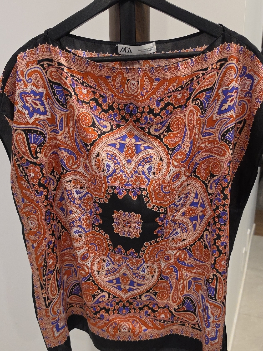 Zara Black Paisley Print Top with Orange & Purple Accents